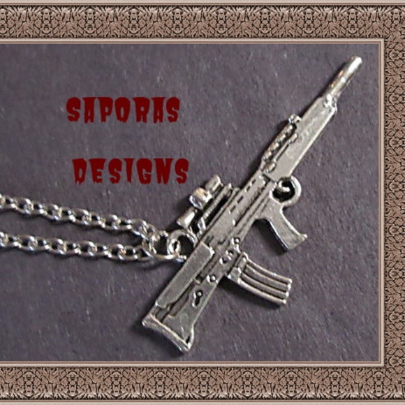 Silver Tone Gun Design Necklace Biker Gothic Punk - Picture 1 of 3